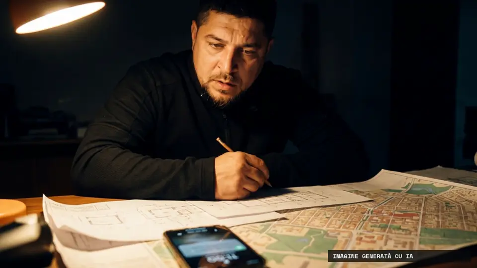 Cadru din intro: Nitzy, la lampă, aplecat peste hărțile cartierului