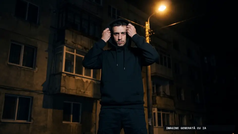 Cadru din intro: Piciente cu gluga trasă, între blocuri, noaptea