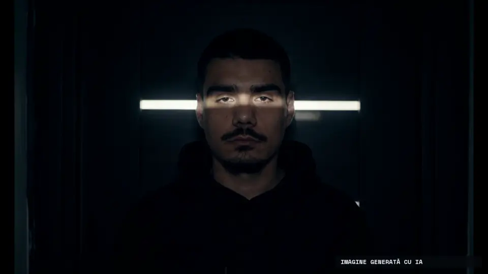 Cadru din intro: Trana în întuneric, cu o dungă de lumină peste ochi