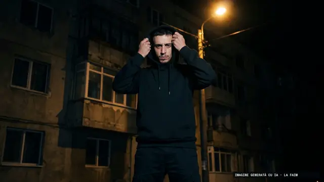 Cadru din intro: Piciente cu gluga trasă, între blocuri